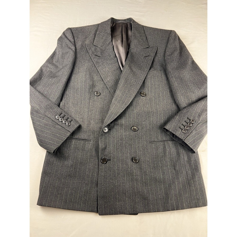 Vintage Gray Green Pinstripe Double Breasted Suit Jacket Blazer Lou Myles NY 40R